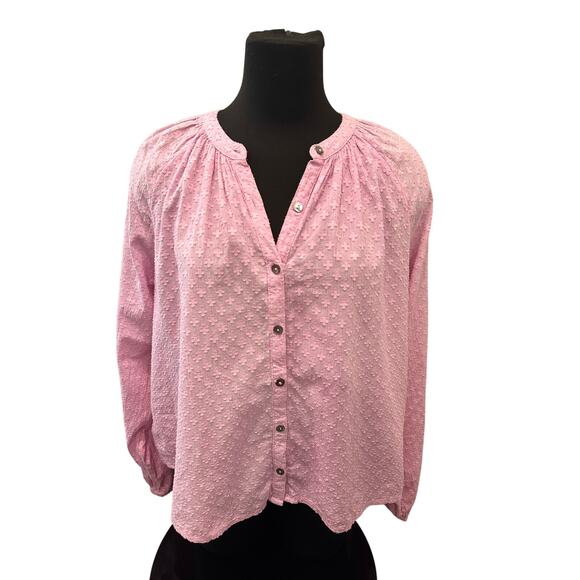 EVEREVE | Pink Swiss Dot Button Front Blouse Long Sleeve Cotton Top | Large - Picture 4 of 8
